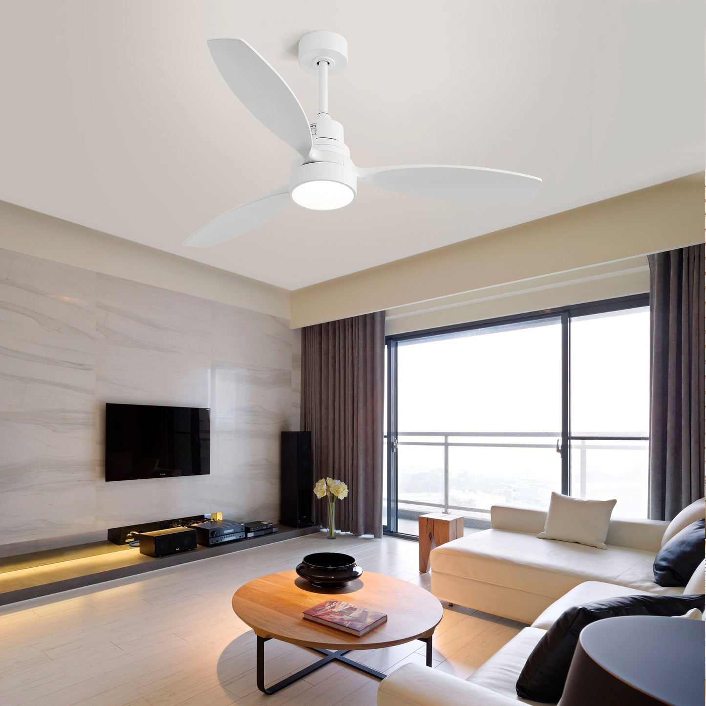 52 Inch Wooden Ceiling Fan White 3 Solid Wood Blades Remote Control Reversible DC Motor With Led Light