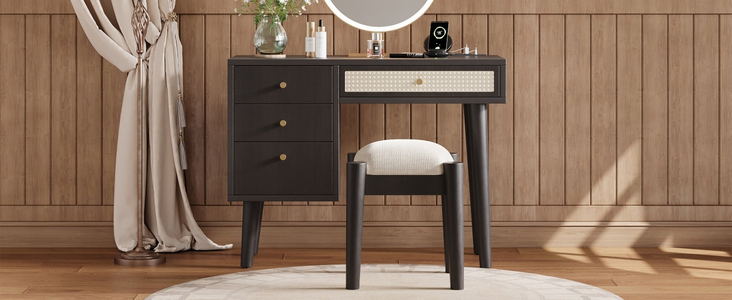 39" Retro Bohemian Style Wooden Makeup Vanity Set with Charging Plug&USB Port and Stool, Dressing Table with 3 Storage Drawers and 1 Rectangular Rattan Drawer, Black