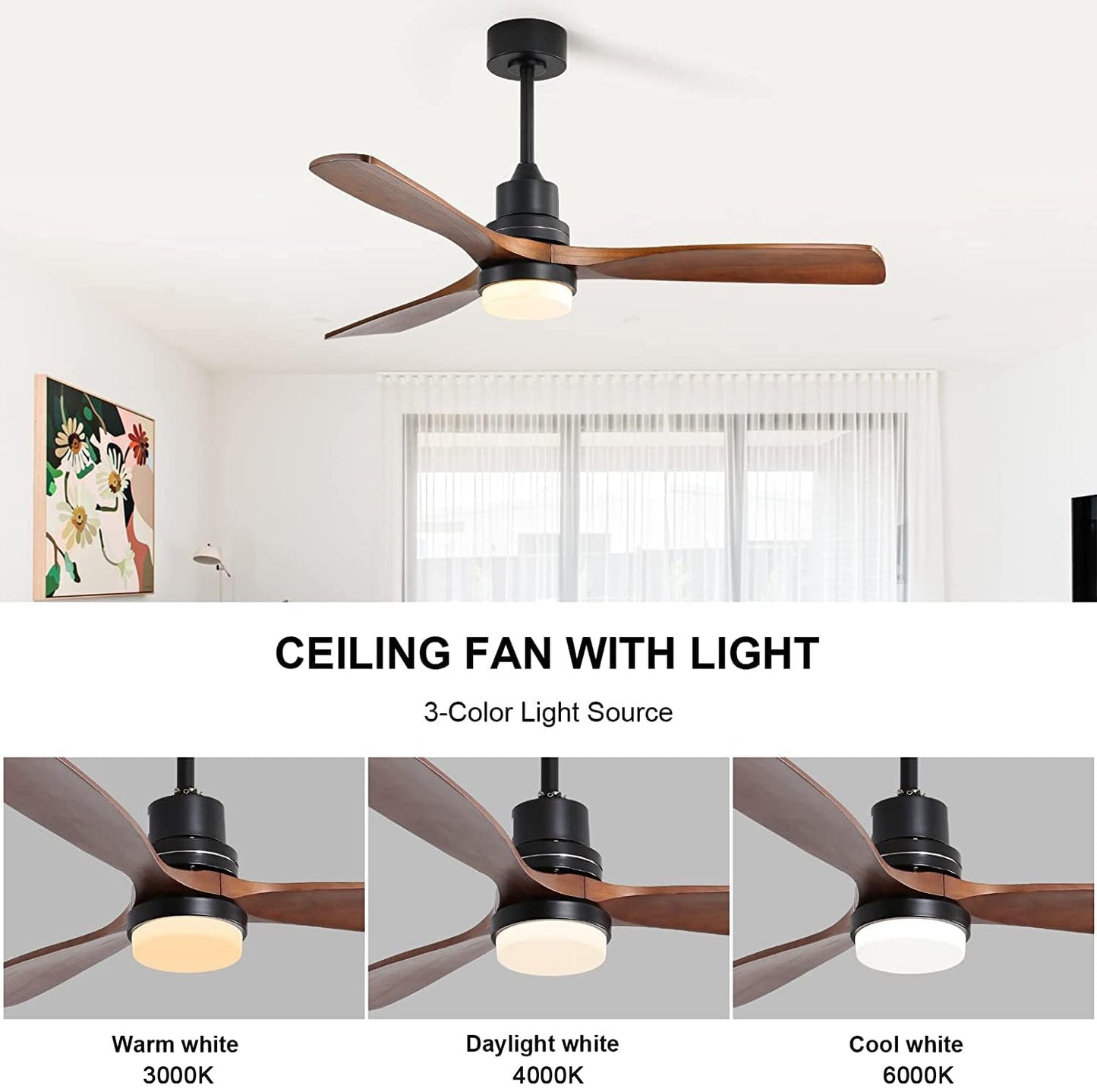 60 inch 3 Solid Wood Blade DC Motor Ceiling Fan Decorate for the Living Room with Light