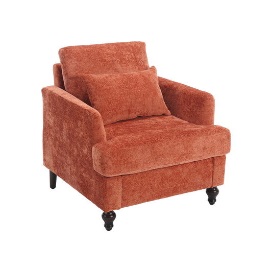 Modern Mid Century Wood Frame Armchair with Tufted Design and Orange Chenille Upholstery