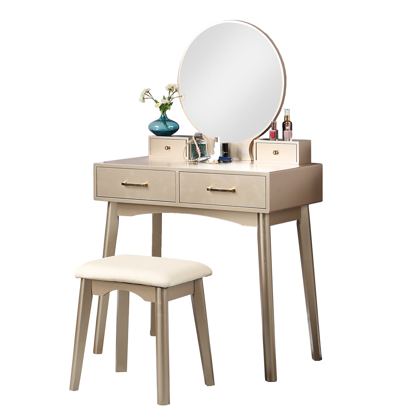 Liannon Contemporary Wood Vanity and Stool Set, Gold