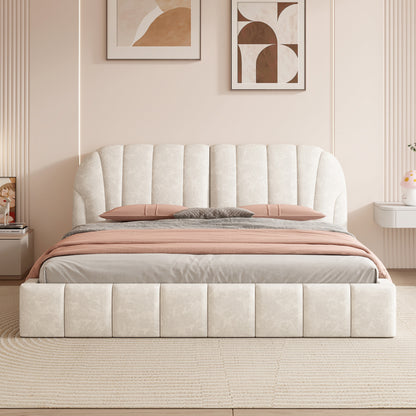 Queen Size Upholstered Platform Bed with Thick Fabric, Polyester, Beige