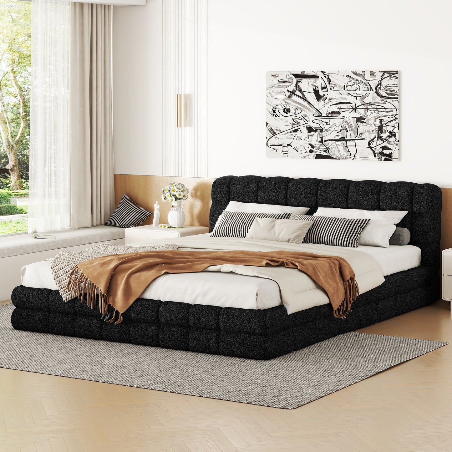 Queen Size Upholstered Platform Bed, Black