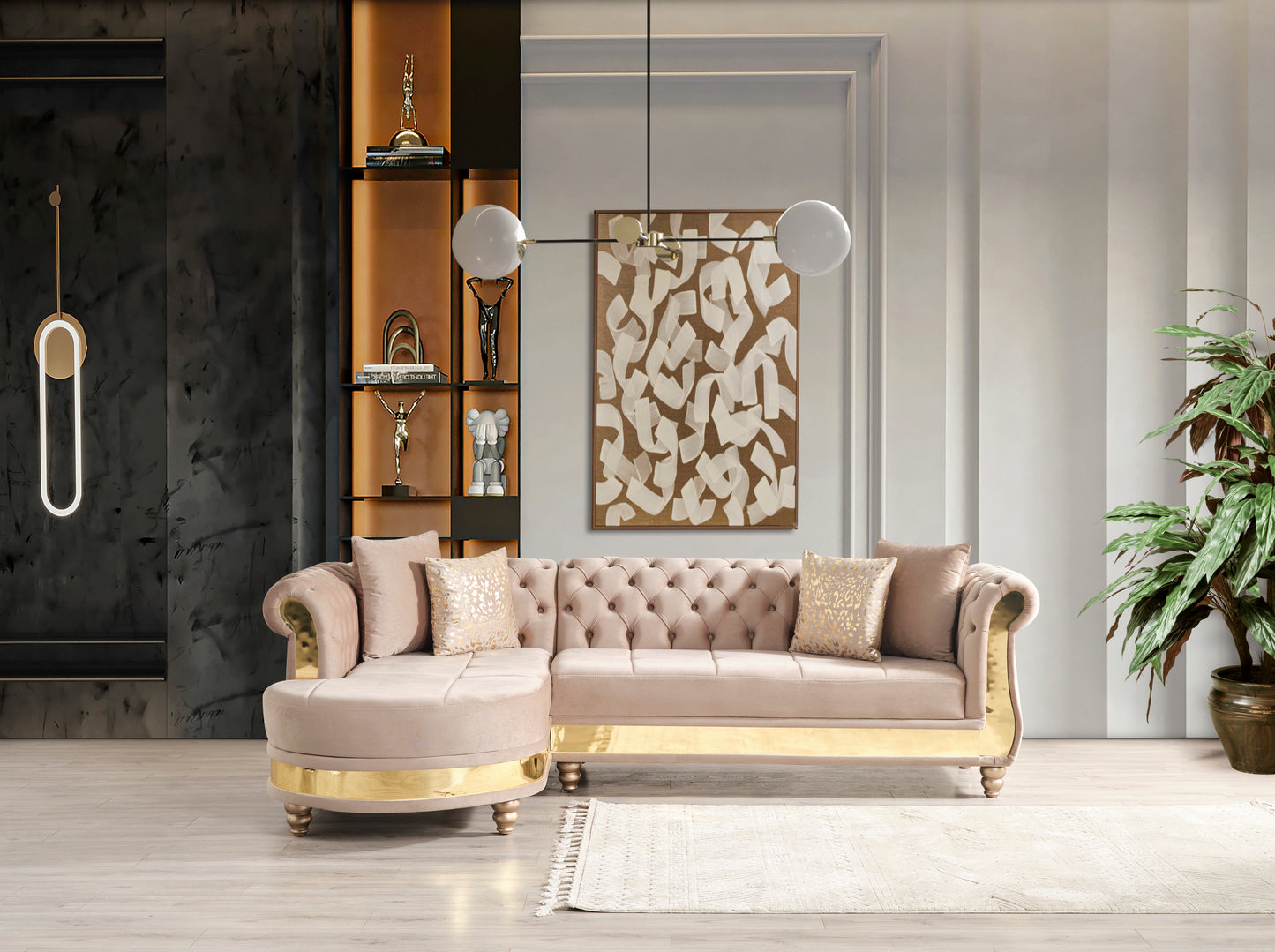 Gold Detailed Tufted Upholstery Sectional made with Wood In Taupe