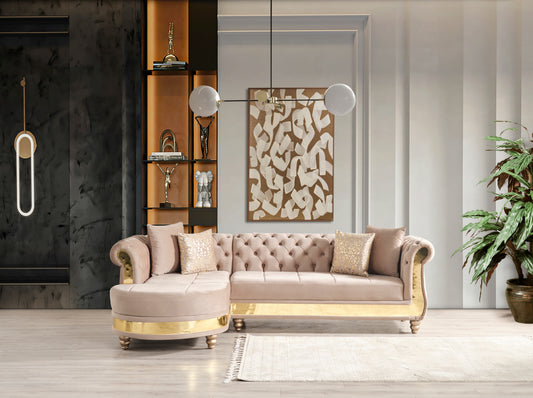Gold Detailed Tufted Upholstery Sectional made with Wood In Taupe