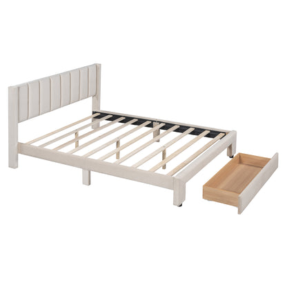 Queen Size Storage Bed Velvet Upholstered Platform Bed with a Big Drawer - Beige(old sku:WF296854AAA)