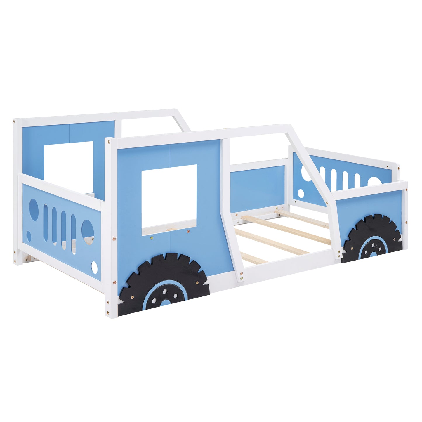 Twin Size Classic Car-Shaped Platform Bed with Wheels,Blue