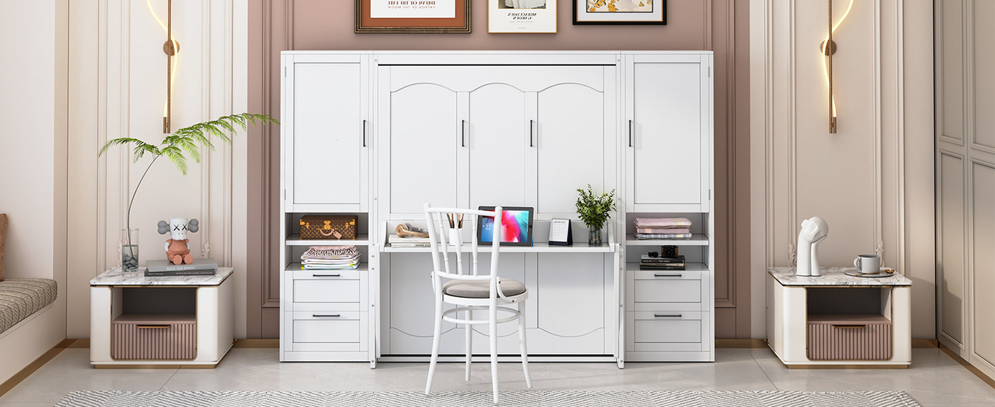 Queen Size Murphy Bed Wall Bed with Closet ,Drawers and Shelves,White