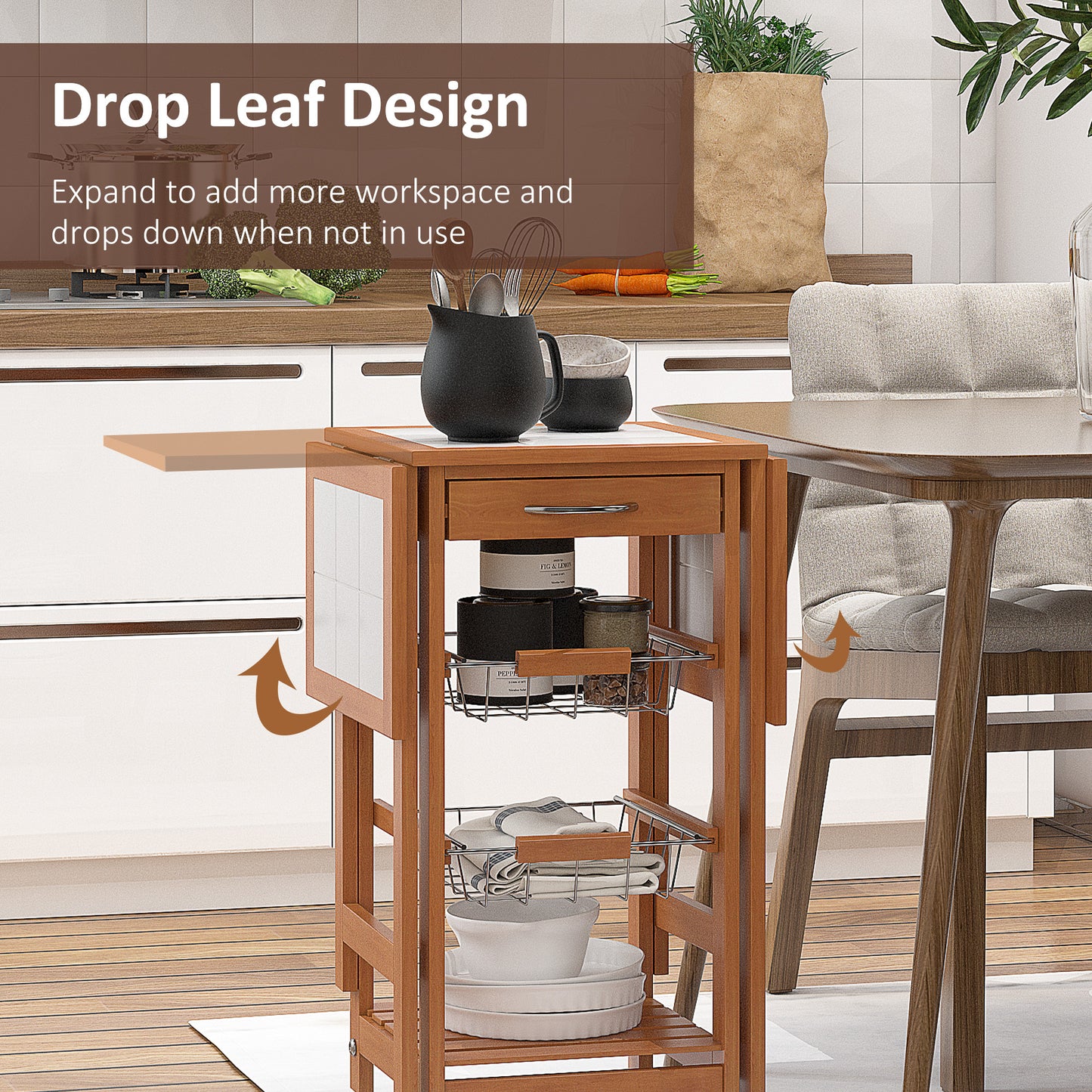 HOMCOM 37" Modern Wooden Kitchen Island with Drop Leaf, Rolling Cart With Basket Storage