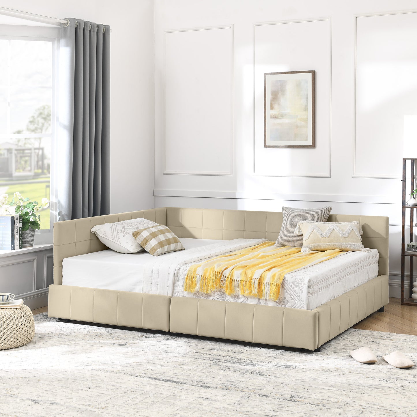 Full Size Storage Upholstered Tufted Bed Frame, Sofa Bed Frame with Comfortable Backrest and Armrests, Full Size Bed for Bedroom, Living Room,Velvet, BEIGE(80.5''*59''*29.5'')