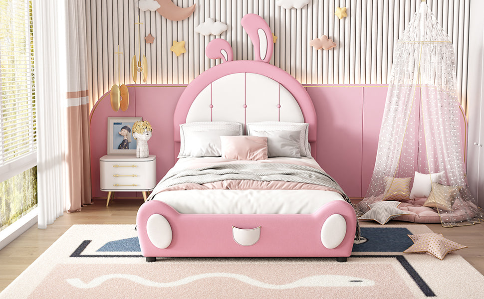 Twin Size Upholstered Platform Bed with Rabbit Shaped Headboard, Pink