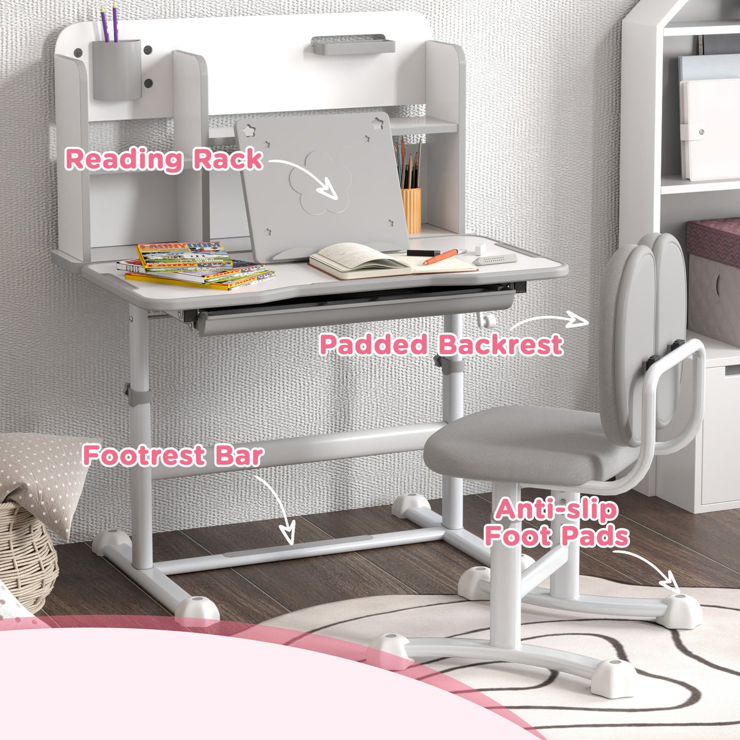 Qaba Kids Desk and Chair Set, Height Adjustable Kids School Study Desk and Chair Set with Tilt Desktop, Storage Drawer and Reading Rack for Writing, Reading and Drawing, Gray