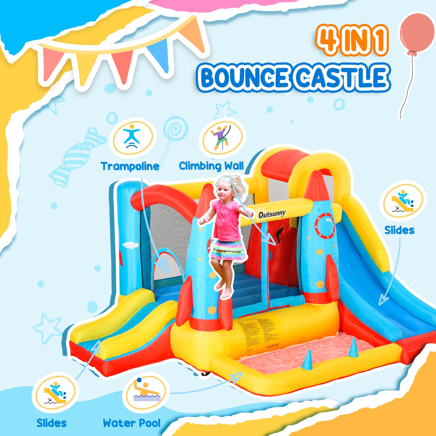 Outsunny Kids Inflatable Water Slide, 4-in-1 Bounce House Jumping Castle with 2 Slides, Climbing Wall, Trampoline, & Water Pool Area, Air Blower