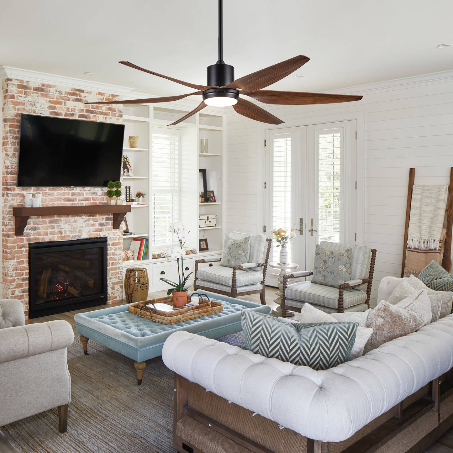 66" Vintage Ceiling Fan  Lighting with Brown Blades in Integrated LED