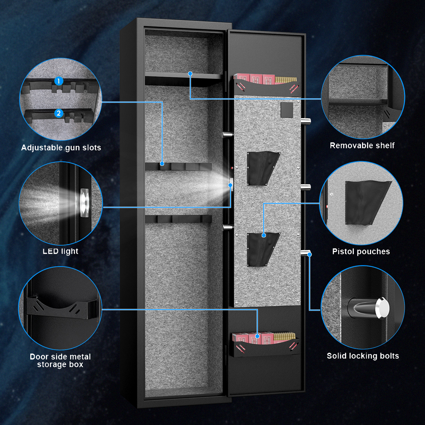 High-Security Steel Rifle Cabinet - 4-5 Gun Capacity, Electronic Lock, Solid Bolts, Dual Alarms, Silent Operation, LED Lighting