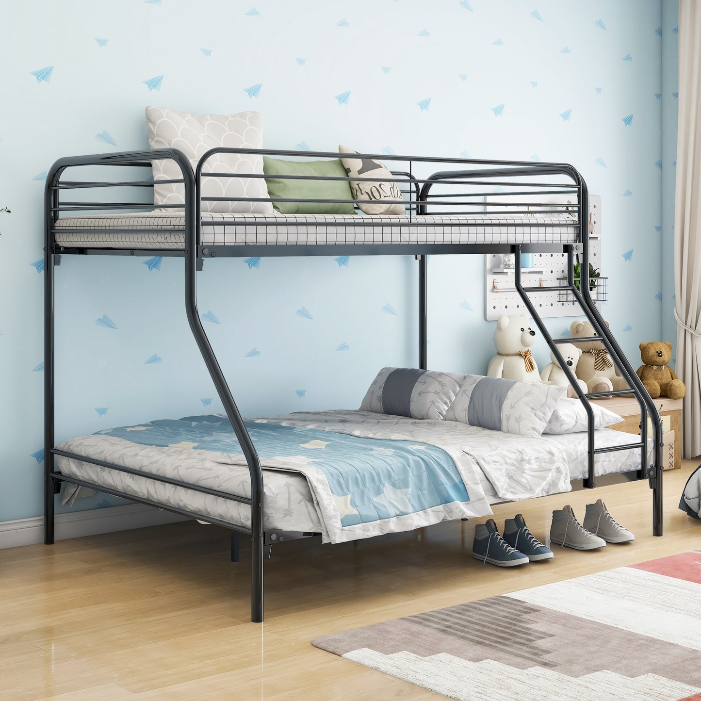 Heavy Duty Twin-Over-Full Metal Bunk Bed, Easy Assembly with Enhanced Upper-Level Guardrail, Black