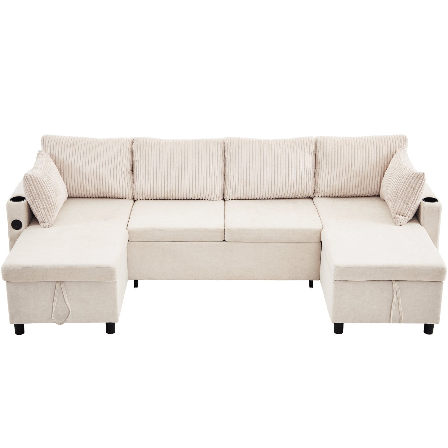 111.8" Sectional Sofa Pull-out Sofa Bed Versatile Sofa Sleeper with Large Storage Space, Two USB Ports and Two Cup Holders for Living Room, Beige