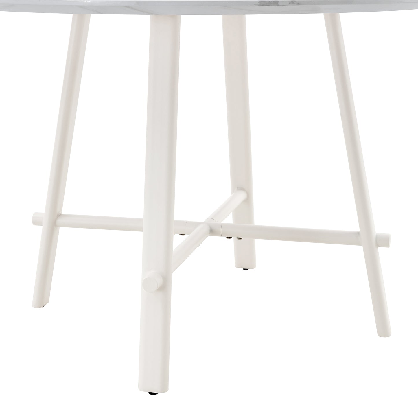 A modern minimalist circular dining table with a 42 inch diameter white patterned tabletop and white metal legs. Suitable for restaurants, living rooms, and conference rooms.