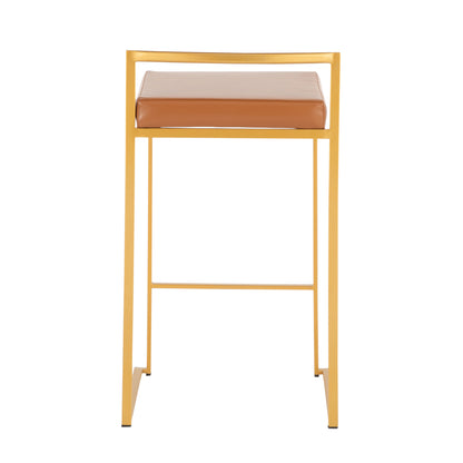 Fuji Contemporary Stackable Counter Stool in Gold with Camel Faux Leather Cushion by LumiSource - Set of 2