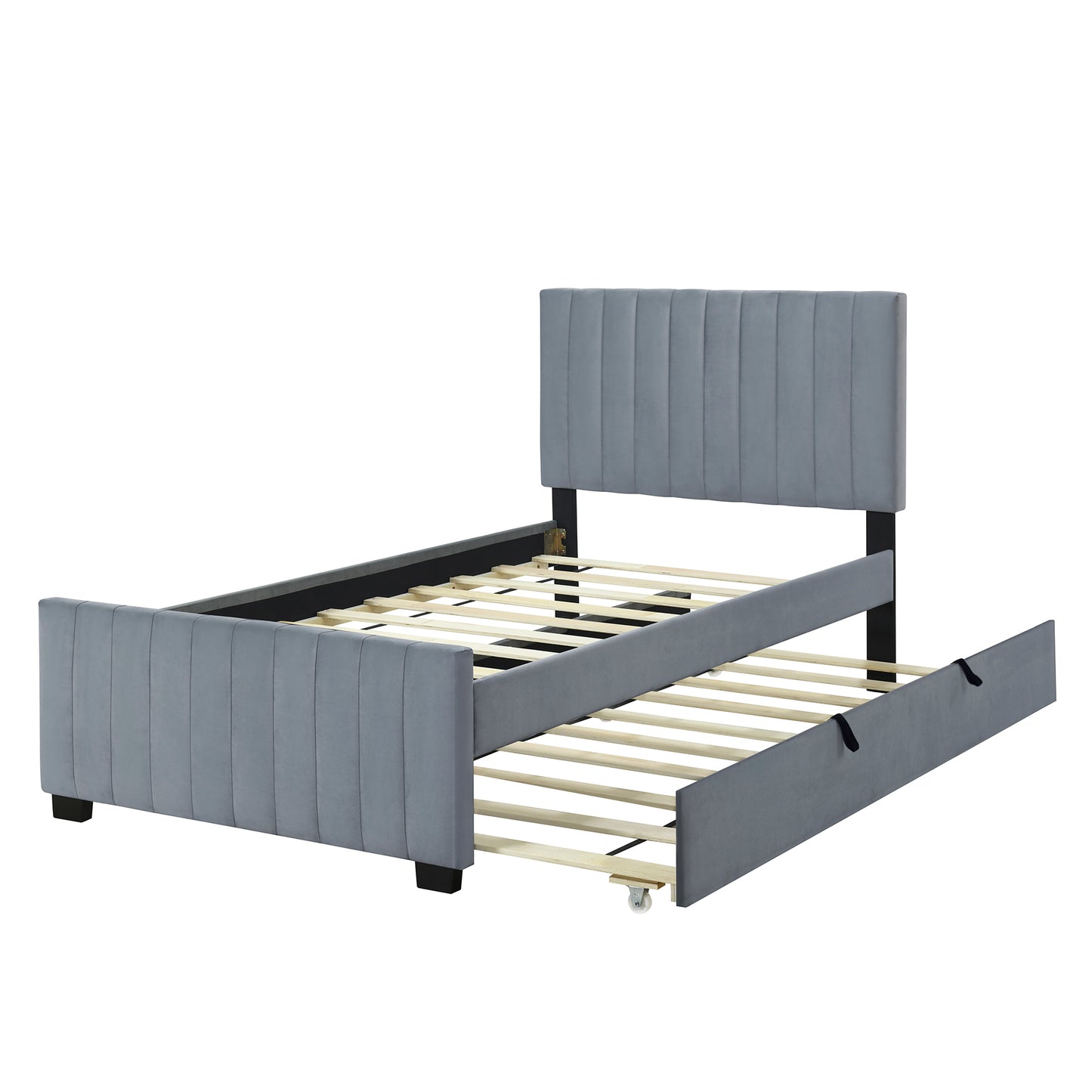 Twin Size Velvet Upholstered Platform Bed with Twin Size Trundle, Gray