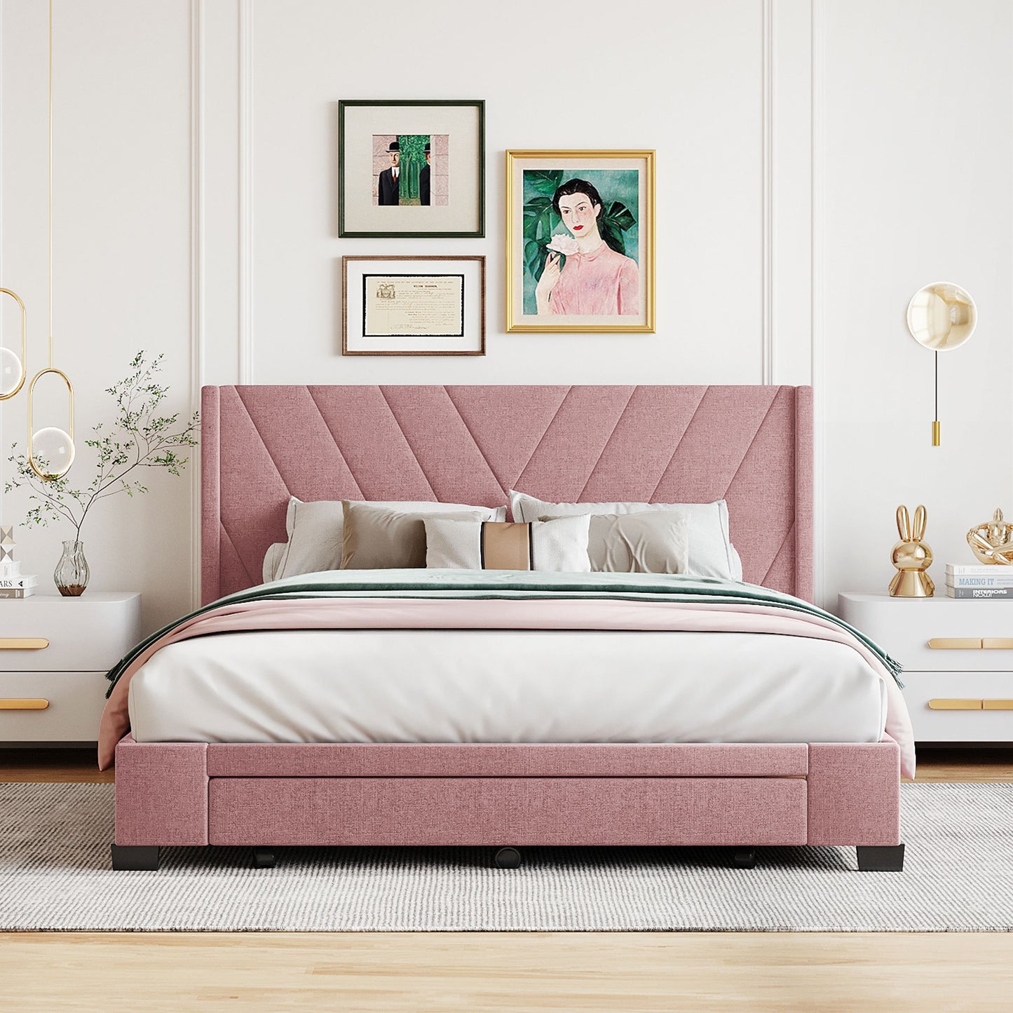 Queen Size Storage Bed Linen Upholstered Platform Bed with 3 Drawers (Pink)