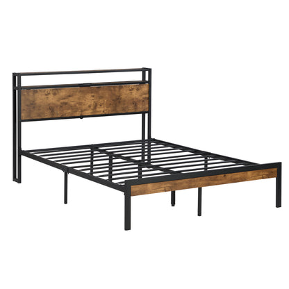 King Size Metal Platform Bed Frame with Wooden Headboard and Footboard with USB LINER, No Box Spring Needed, Large Under Bed Storage, Easy Assemble