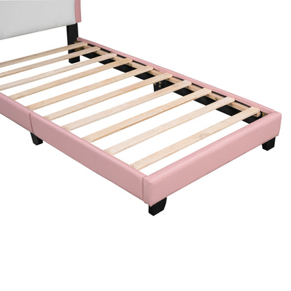 Twin size Upholstered Princess Bed With Crown Headboard,Twin Size Platform Bed with Headboard and Footboard,White+Pink