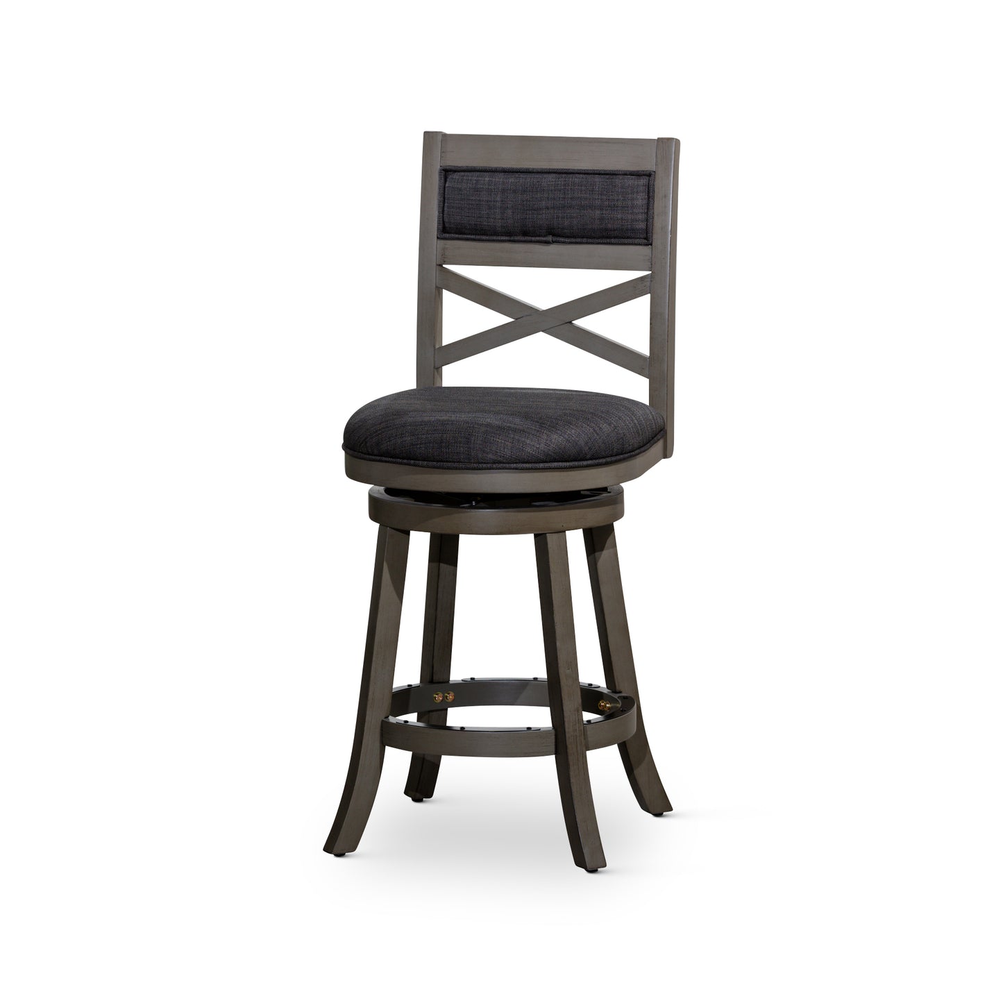 24" Counter Height X-Back Swivel Stool, Weathered Gray Finish, Charcoal Fabric Seat