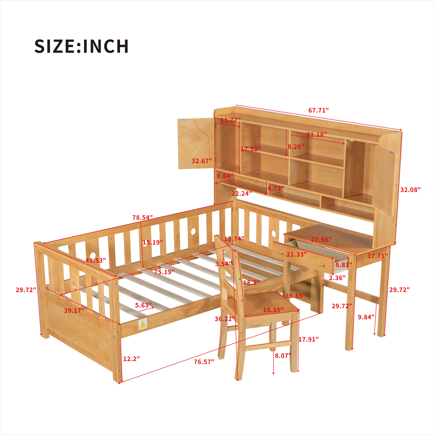 Twin Size Multifunctional Wood Platform Bed with Bookshelf at the Head of the Bed, Built-in Desk and Matching Chair, Natural