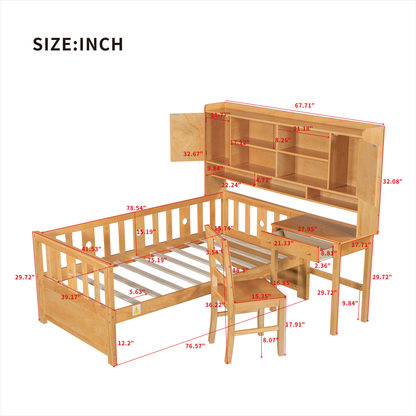 Twin Size Multifunctional Wood Platform Bed with Bookshelf at the Head of the Bed, Built-in Desk and Matching Chair, Natural