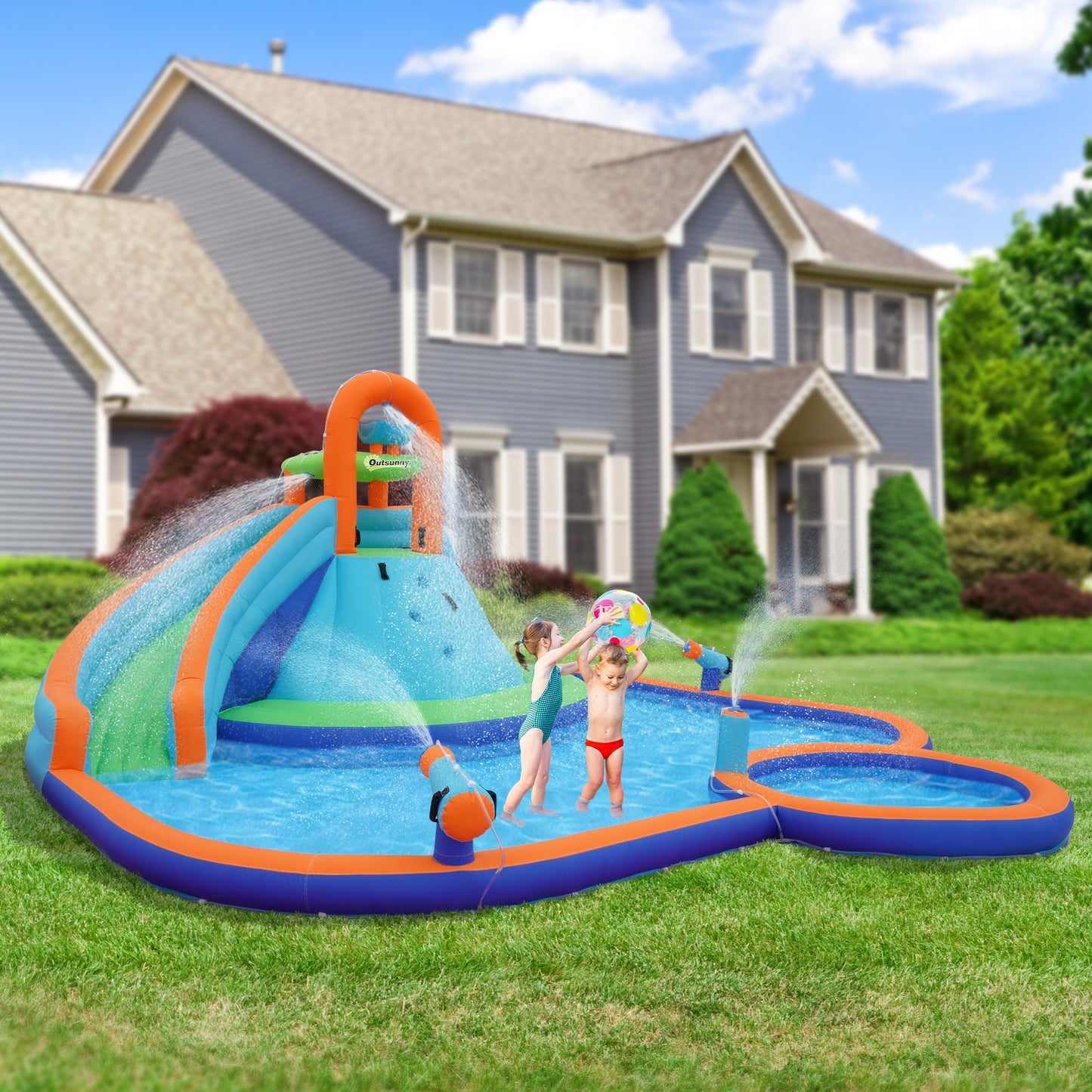 Outsunny Kids Inflatable Water Slide 4-in-1 Bounce House Water Park Jumping Castle with Water Pool, Slide, Climbing Walls, & 2 Water Cannons, 450W Air Blower