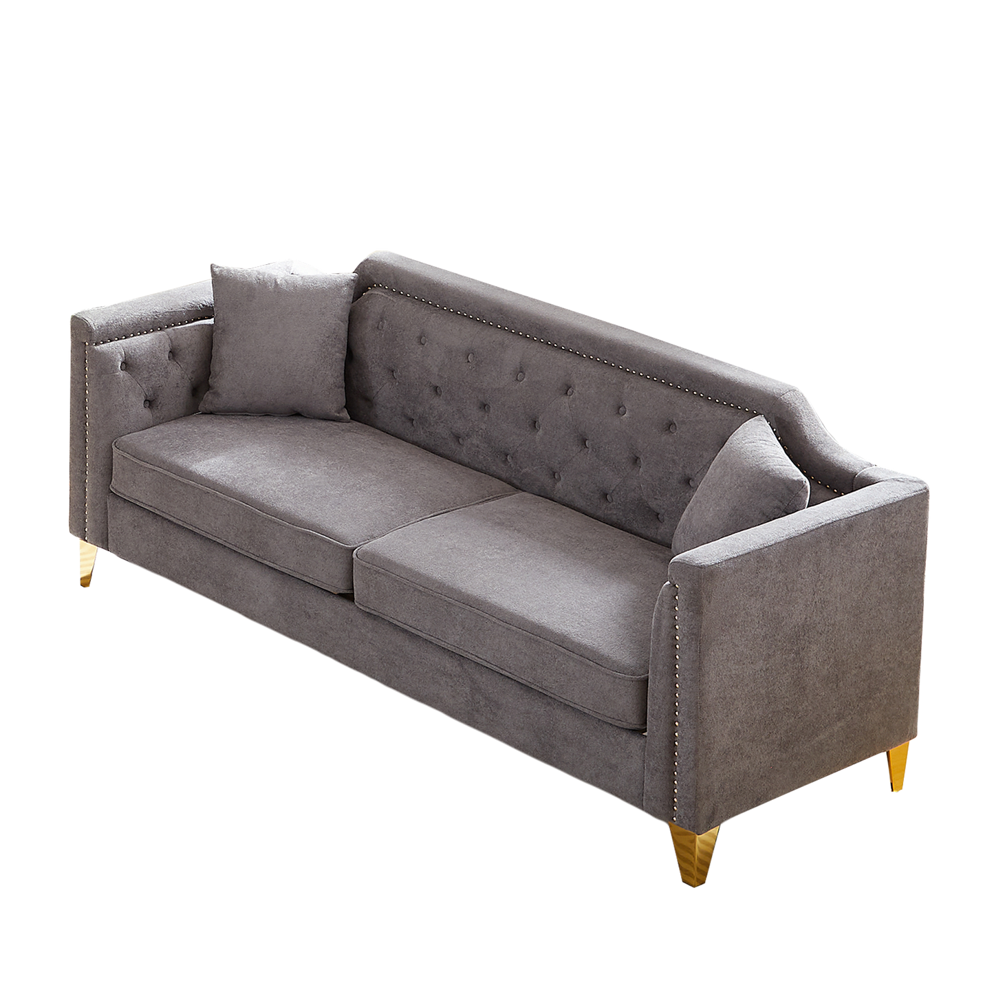 FX 81"Mid-century design modern sofa,Chenille Pull Buckle Design Sofa for Living Room,Buttons Tufted With Copper Nail Decoration Armrest, with 2 Pillows,Modern Couch Upholstered Button And Metal Leg