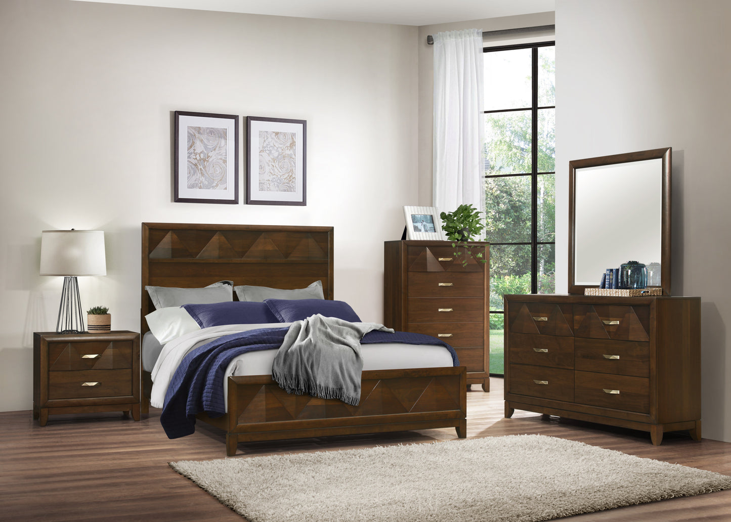 Modern Bedroom Walnut Finish 1pc Dresser of 6 Drawers Decorative Angled Front Satin Brass Tone Handles Wooden Furniture