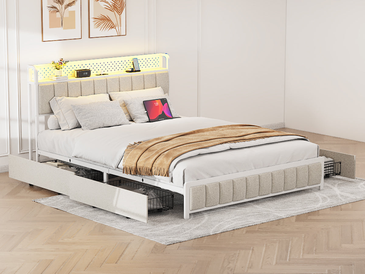 Queen Size Platform Bed with 4 Drawers, Metal Bed Frame with LED Lights and Charging Station, No Box Spring Needed, (Beige),  Noise Free,Easy Assemble.