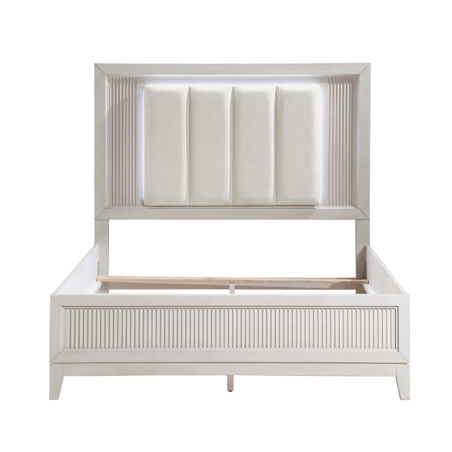 Antique White Finish King Bed with LED Headboard Upholstered Cushion Modern Bedroom Furniture 1pc, Reeded Fronts