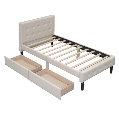 Twin Size Upholstered Platform Bed with 2 Drawers, Beige