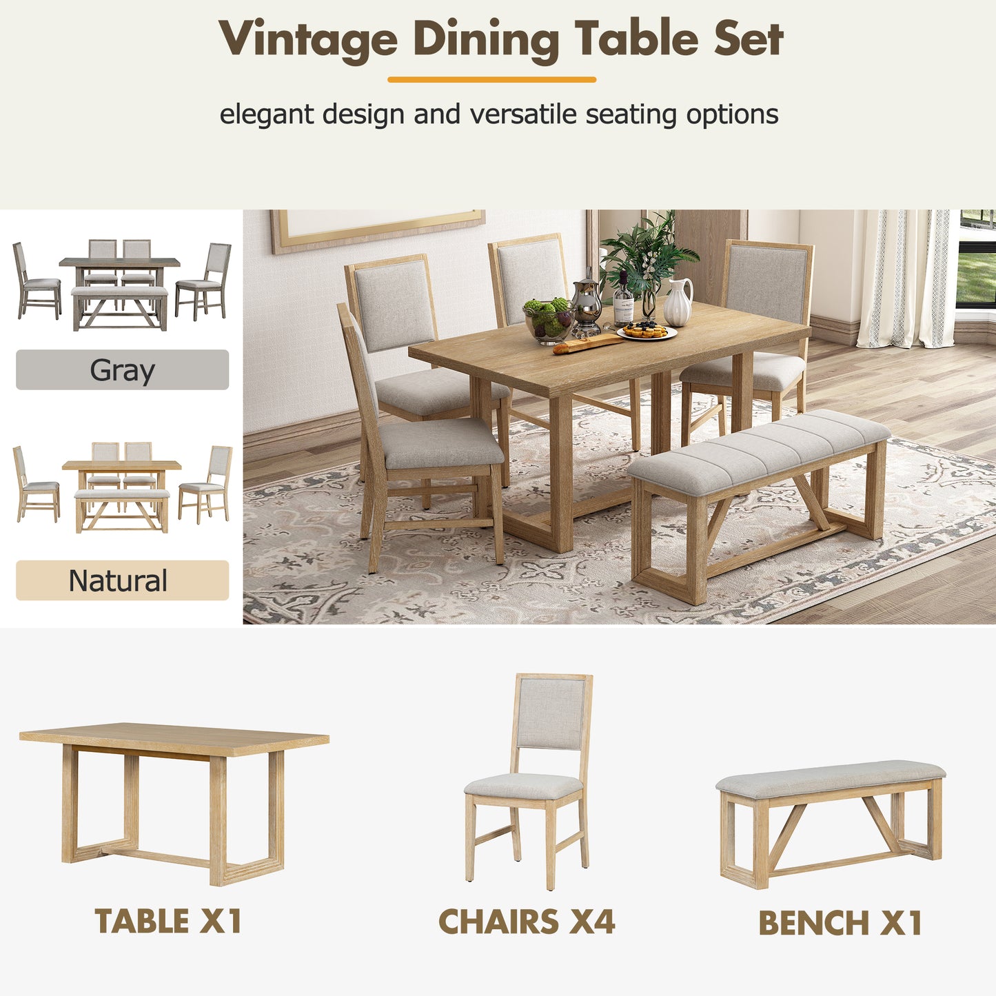 TREXM 6-Piece Retro Dining Set, 1 Rectangular Table with Designed Trestle Base and 4 Upholstered Chairs and 1 Bench for Dining Room and Kitchen (Natural)