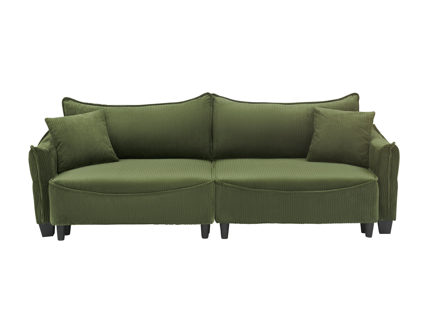 Sofa Showcasing Green Corduroy Fabric, Transformable into Sofa Bed with Two Throw Pillows: Ideal for Living Rooms & Diverse Scenes