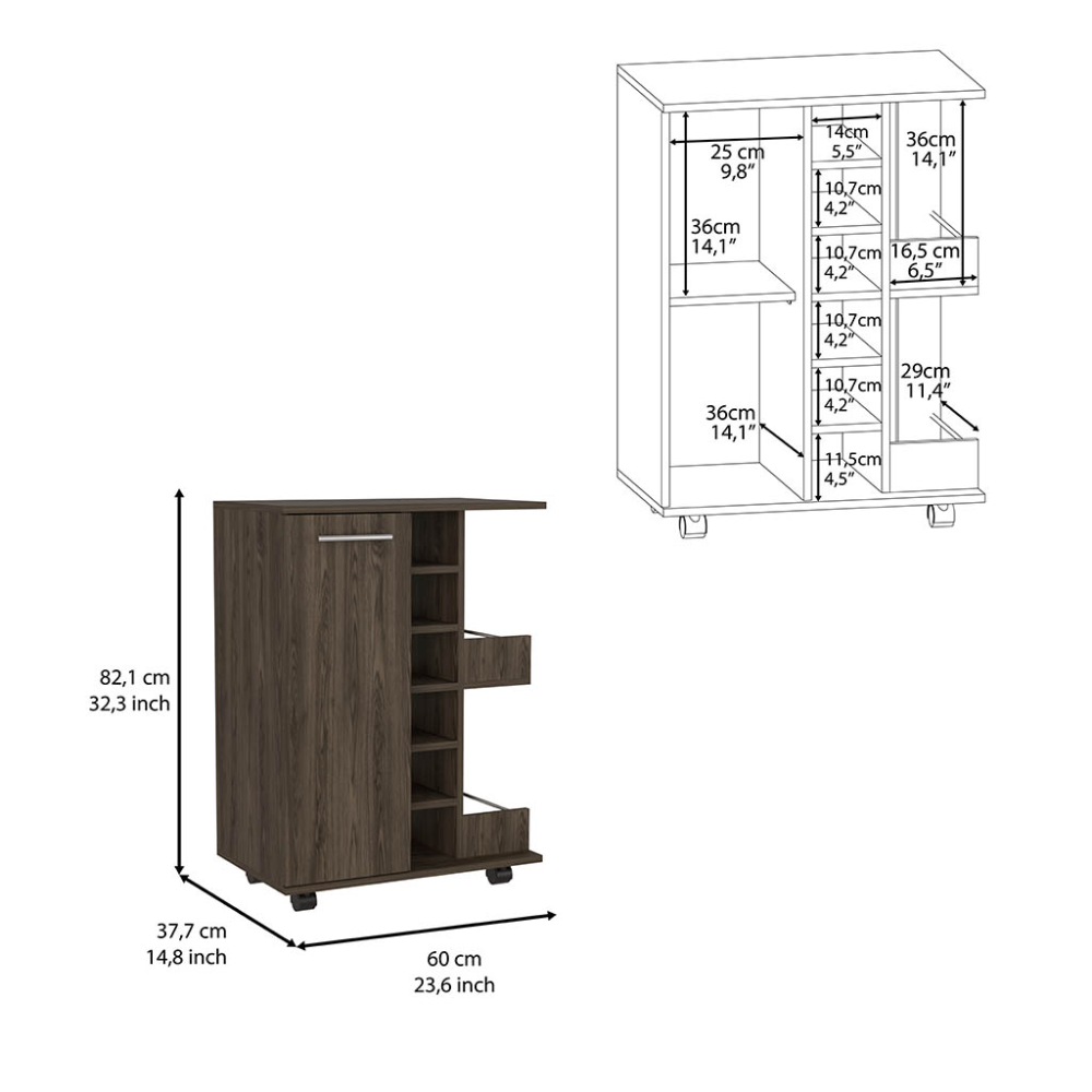 Bar Cart, Four Casters, Single Door Cabinet, Two External Shelves, Dark Walnut