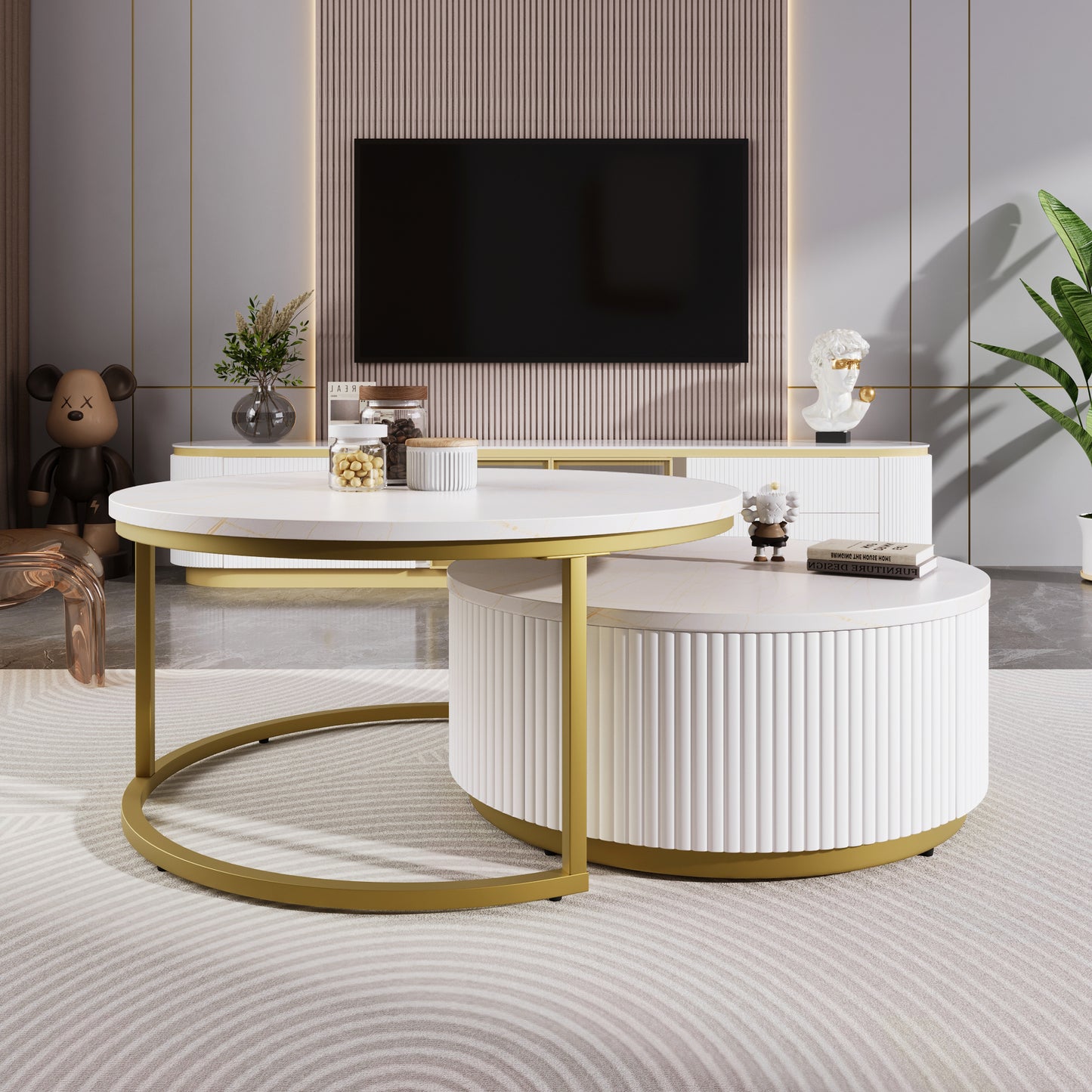 Modern Round Nesting Coffee Table Fluted with Drawer in White & Gold in 27.6'