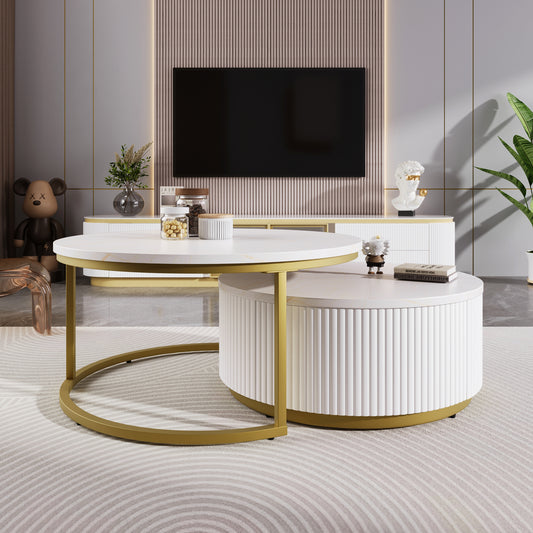 Modern Round Nesting Coffee Table Fluted with Drawer in White & Gold in 27.6'