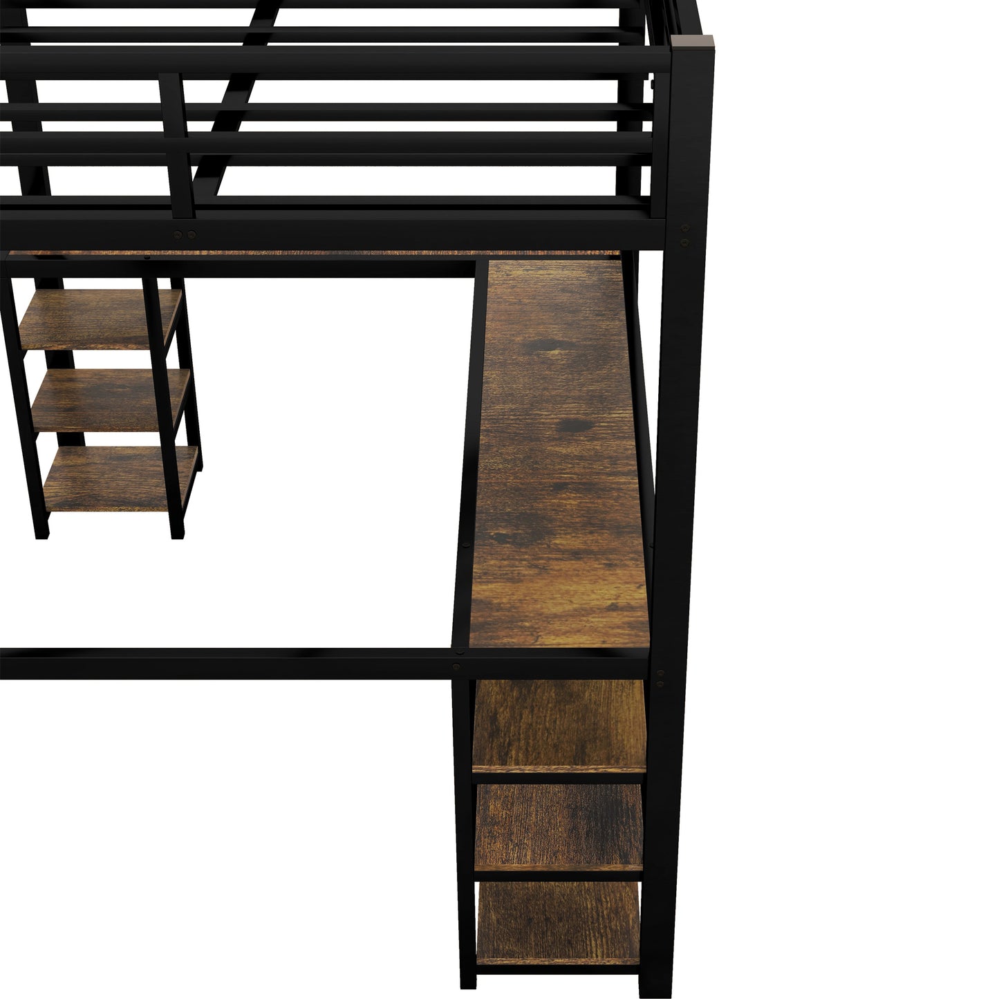 Full Metal Loft Bed with Desk and Shelves, Loft Bed with Ladder and Guardrails, Loft Bed Frame for Bedroom, Black (Old SKU: W1307S00018)