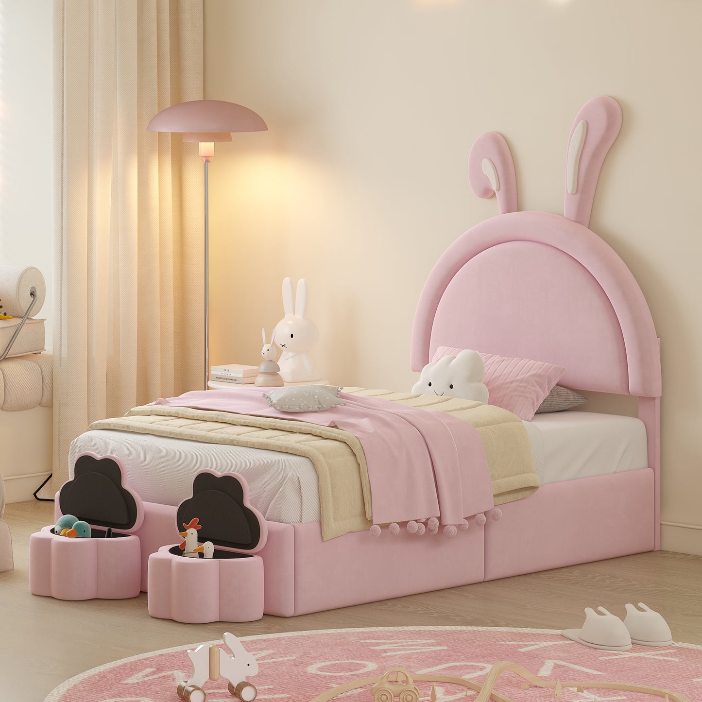 Twin size Upholstered Rabbit-Shape Bed with 2 Storage Stools, Velvet Platform Bed with Cartoon Ears Shaped Headboard, Pink