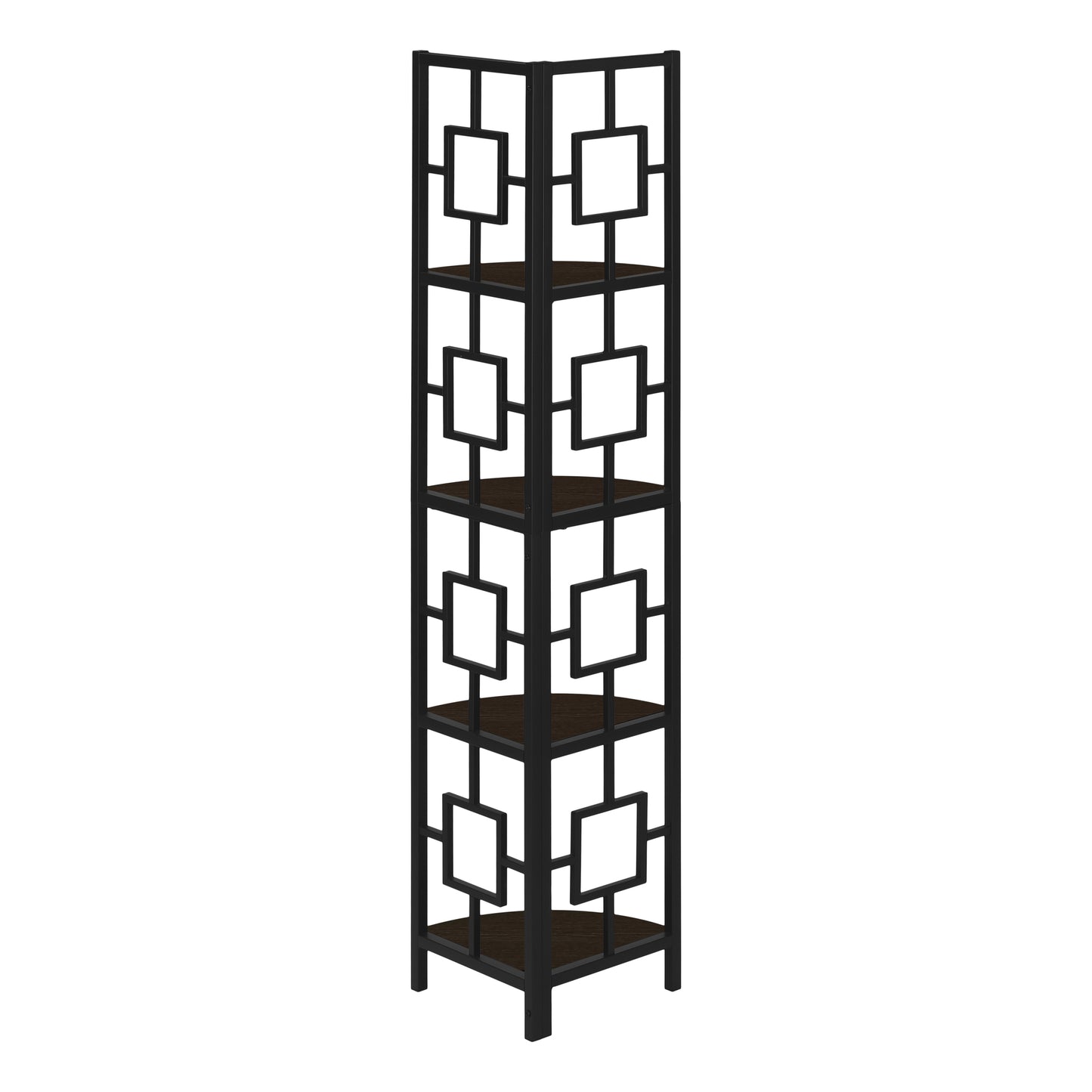 Bookshelf, Bookcase, Etagere, Corner, 4 Tier, 62"h, Office, Bedroom, Brown Laminate, Black Metal, Contemporary, Modern