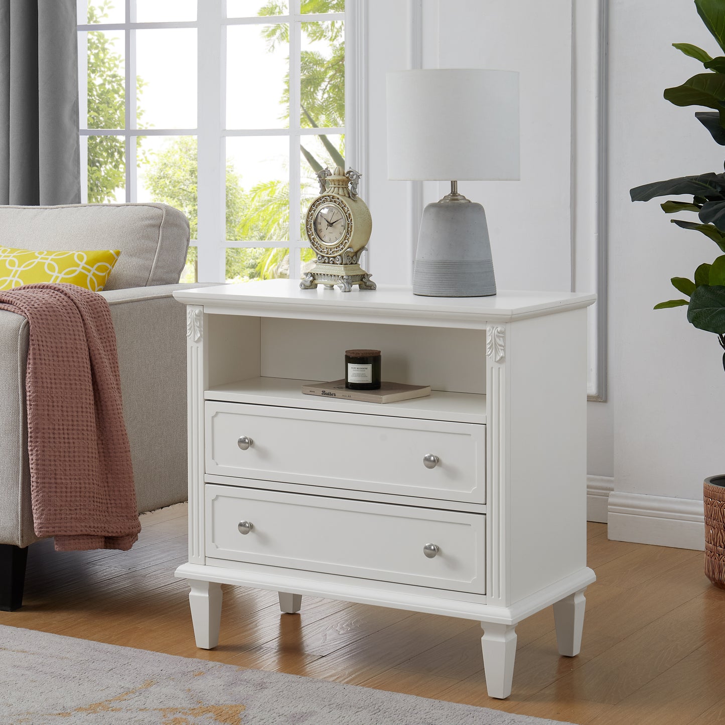 Open Space and 2 Drawers Dresser Nightstand with Charging Station, Farmhouse End Table with USB Ports and Outlets, Fluted Pilasters Design Side Table with Solid Wood Legs for Bedroom