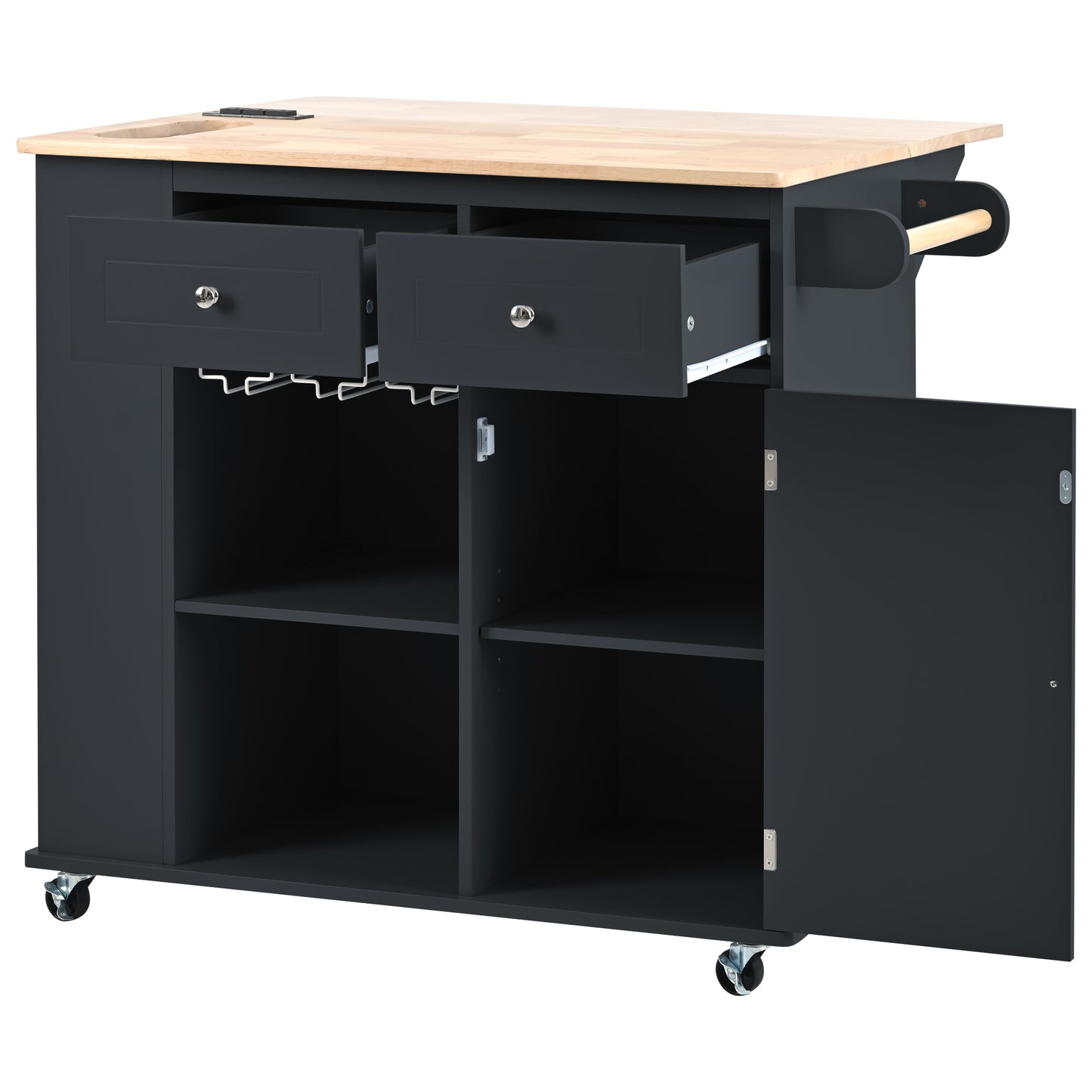 Kitchen Island with Power Outlet,Kitchen Storage Island with Drop Leaf and Rubber Wood,Open Storage and Wine Rack,5 Wheels,with Adjustable Storage for Home, Kitchen, and Dining Room, Black