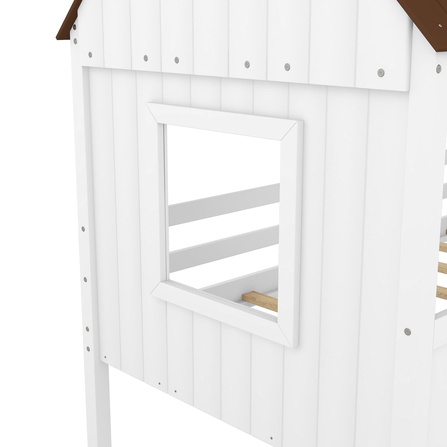 Twin Size Low Loft Wood House Bed with Two Side Windows  (White+Brown)(OLD SKU: LP000037AAD)