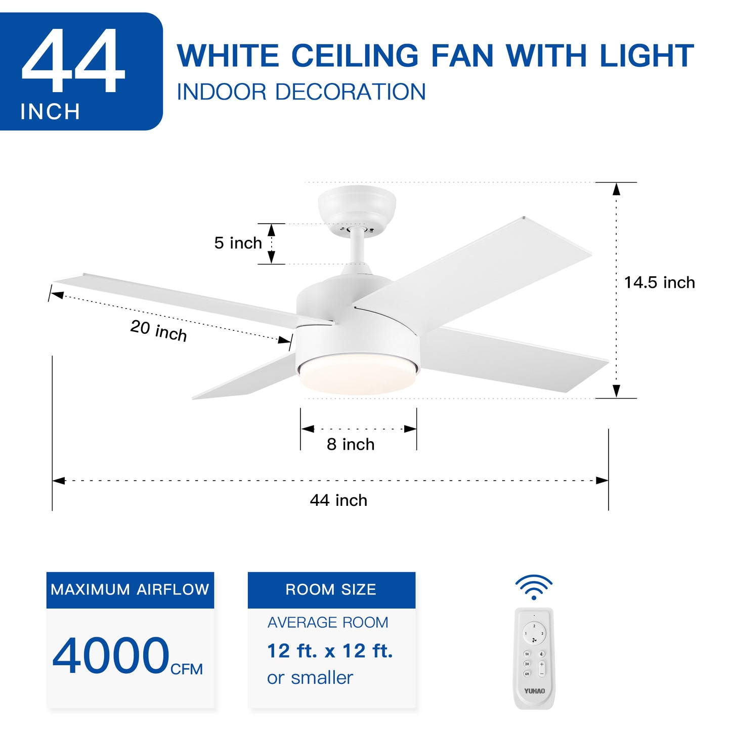 44 In Intergrated LED Ceiling Fan Lighting with White ABS Blade