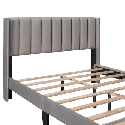 Queen Size Storage Bed Velvet Upholstered Platform Bed with a Big Drawer - Gray