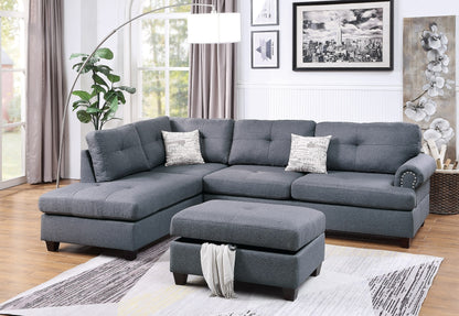 3-pcs Sectional Sofa Blue Grey Polyfiber Cushion Sofa Chaise Ottoman Reversible Couch Pillows